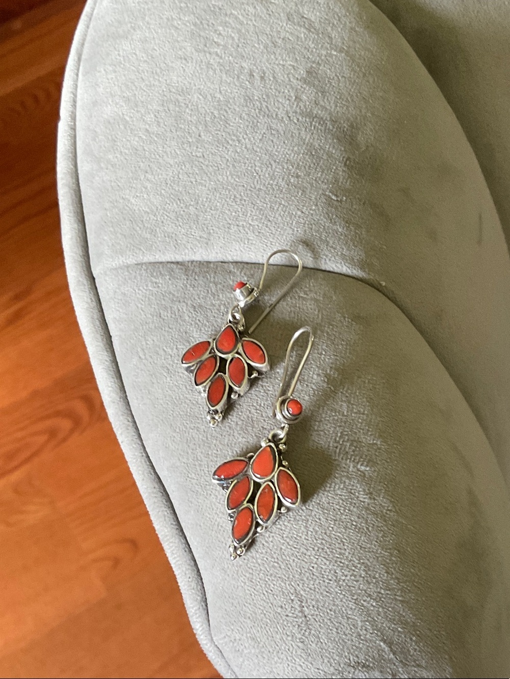 Silver Drop Earrings with Coral Red Inlay - Women Jewelry